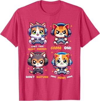 Gamer Cat Funny Gaming Video Games Pew Boys Girls Kids Teens T-Shirt
