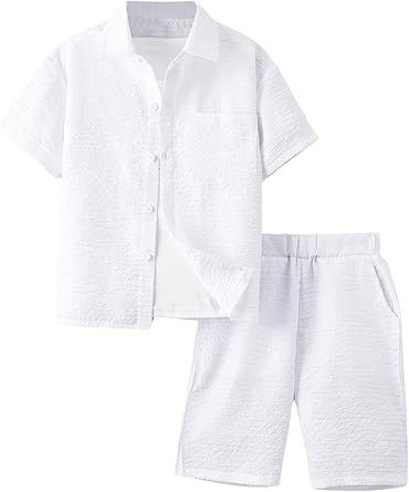 Boy's 2 Piece Beach Vacation Textured Linen Outfit Short Sleeve Button Down Shirt Top and Shorts Summer Set