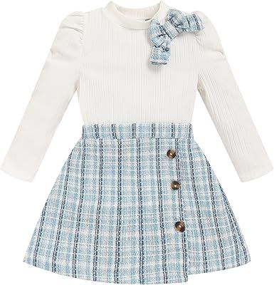 Toddler Girl Plaid Outfits Fall Winter Dress Knit Ribbed Bow Sweatshirt Tops and Button Fashion Skirts Set