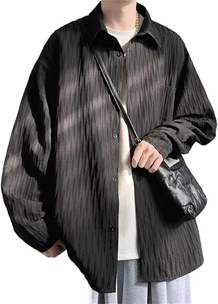Dvbfufv Men Long-Sleeved Shirts Korean Comfortable Blouses Casual Loose Single Breasted Textured Shirt