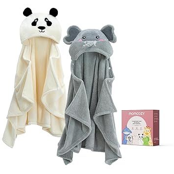 Momcozy Baby Bath Towels with Visualize Health Label - Ultra Soft & Absorbent Coral Fleece Hooded Towels for Newborn, Infant, Toddler (0-36 Months) Bath Essentials (Large Size,2 Pack)
