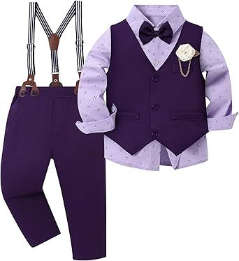 WESIDOM Toddler Boy Clothes Suit Formal Dress Shirt+Bowtie+Vest+Boutonniere+Suspender Pants Boys Gentleman Outfits Set