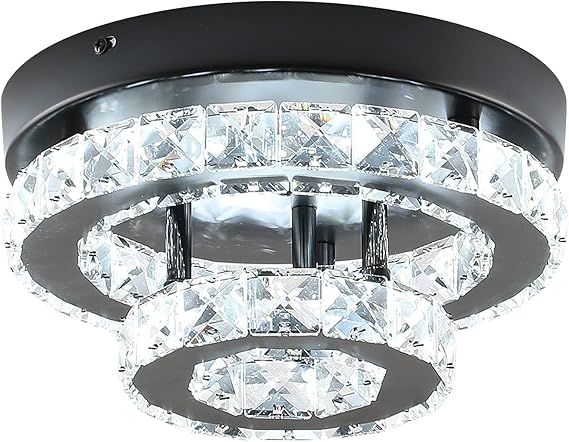 9.8 inch Modern Crystal Chandelier Flush Mount Ceiling Light, Black Mini Chandelier with LED Lighting for Bedroom Hallway Entryway Dining Room, 6000K Daylight Small Semi Flush Mount Fixture