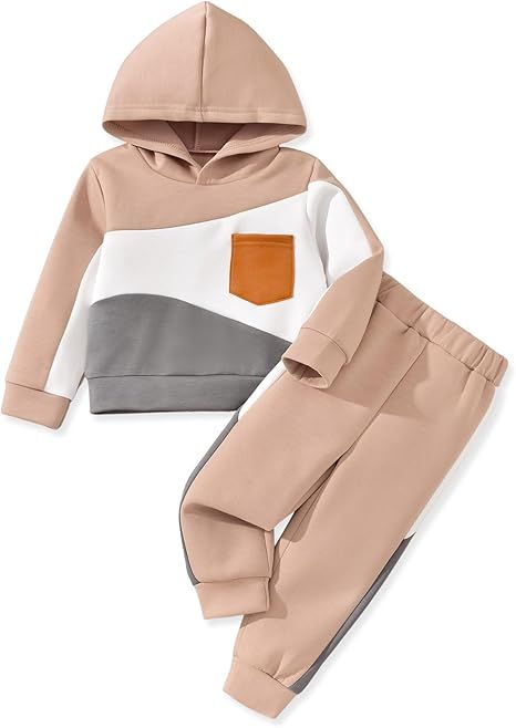 HINTINA Toddler Boy Color-blocked Hoodie Sweatsuit And Pant 2 Pieces Outfits