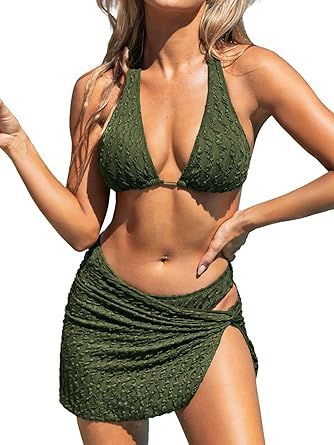 CUPSHE Women's Bikini Sets Three Piece Swimsuit V Neck Textured Halter Back Self Tie Twist Sarong Low Rise