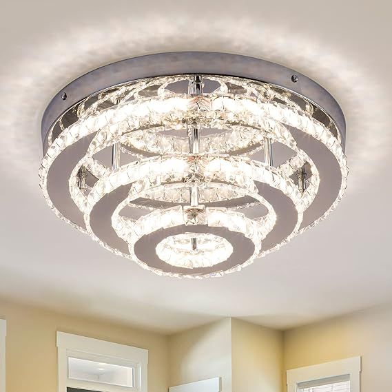 13.8 Inch Modern Crystal Chandeliers LED Crystal Ceiling Light 3 Tiers Flush Mount Chandelier Ceiling Lights for Bedroom Living Room Kitchen (Dimmable with Remote)