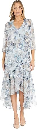 R&M Richards Women's Floral Chiffon High-Low Jacket Dress W/Ruffle Skirt - 2 Piece Daytime Spring Summer Dress Set