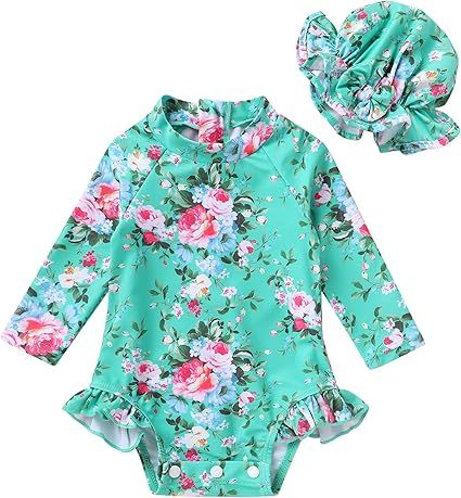 Infant Baby Girl Swimsuit One-Piece Long Sleeve Rash Guard with Hat Set Floral Zipper Bathing Suit Leopard Beach Wear