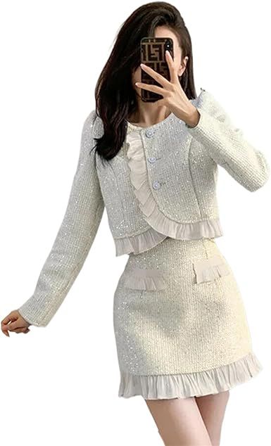Light Blue Ruffles Trim Tweed Two Piece Set Women Shiny Sequins Short Jacket Coat+Mini Skirt Sets