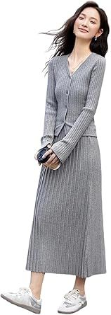 Women Gray Two Piece Skirt Sets Knitted Slim Fit V-Neck Long Sleeve Tops Pleated Woman Suits