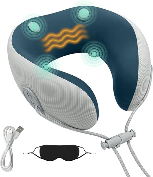 Medicane Neck Travel Pillow with Massage, Neck Pillows with Heat & Gentle Vibration Massage with Ergonomic Foam, Perfect for Airplane, Car, Office, Home, Pain Relief,Sleeping,Traveling,Long Flight