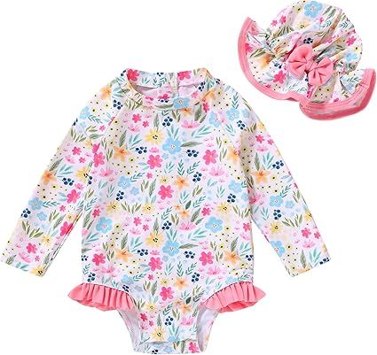 Infant Baby Girl Swimsuit One-Piece Long Sleeve Rash Guard with Hat Set Floral Zipper Bathing Suit Leopard Beach Wear