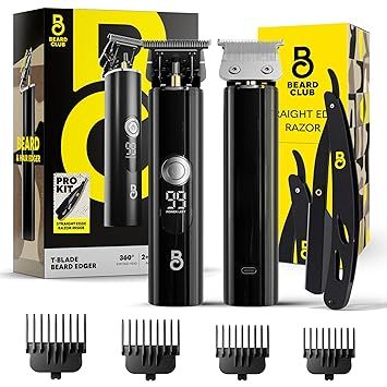 The Beard Club Professional T-Blade Beard Trimmer for Men with Straight Razor - Barber Electric Shaver & Hair Clippers for Men – Zero Gapped Cordless Hair Trimmer & Edger, Line Up Grooming Kit