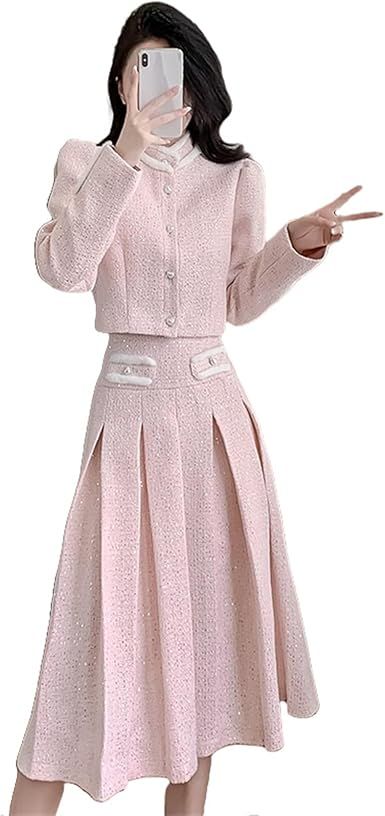 JYHBHMZG Women's Autumn Winter Tweed Style Jacket Plus Pleated Long Skirt Set Two Piece
