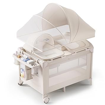 4-in-1 Baby Bassinet with Playard, Napper Bassinet, Changing Table, Mosquito Net & Canopy, Storage and Toys for Newborn to Toddler