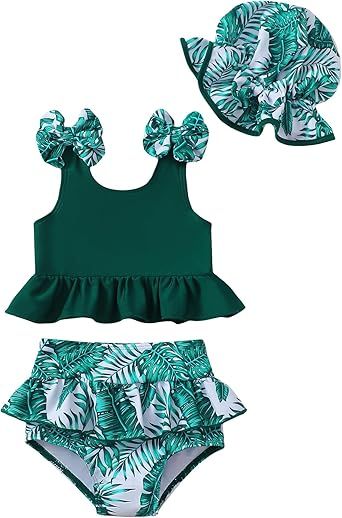 Mioglrie Baby Infant Swimsuit Girl Toddler Bathing Suit Girl Summer Beach Bikini Tankini Swimwear Hat 3-24 Months 2t-5t