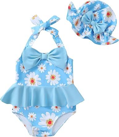 Kucnuzki Baby Girl Swimsuit Newborn One Piece Bathing Suit Bow Tie Bikini Tankini Infant Swimwear with Hat