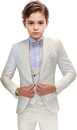 Boys Tuxedo Suit Jacquard Slim Fit 3 Piece Kids Tuxedo Suits for Boys Formal Wedding Suit Blazer Vest Pants