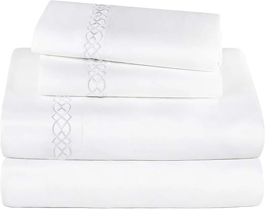 HOMECITY 100% Egyptian Cotton 1000 Thread Count Sheets, Mattress Sheet Set, Embroidered Scroll Bedsheets, Bedding Essentials, 1 Fitted Sheet, 1 Flat Sheet, 2 Pillowcases, California King, White