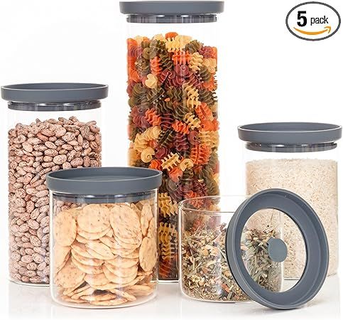 Glass Kitchen Storage Containers with Airtight Silicone Lids, BPA-Free Pantry Glass Jars with Airtight Lid for Pantry Meal Prep, Pasta and Food – Set of 5 with Portion Tool