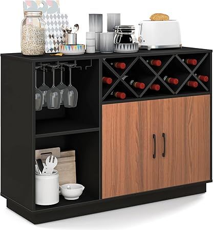 Giantex Buffet Sideboard, Wine Bar Base Cabinet 45”X15”x32”, Glass Holder, Kitchen Cupboard for Kitchenware Liquor, Coffee Bar Station Buffet Table for Living Room