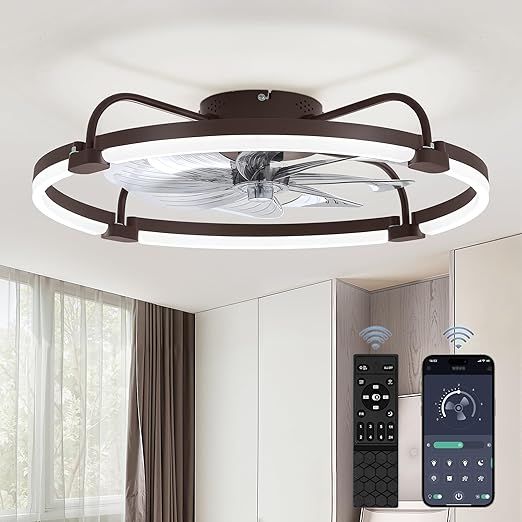 LEDIARY Ceiling Fans with Lights and Remote, 24'' Low Profile Ceiling Fan with Light, 3000-6000K Dimmable Fandelier LED Fan Light, 6 Wind Speeds, Brown Modern Flush Mount Ceiling Fan for Bedroom