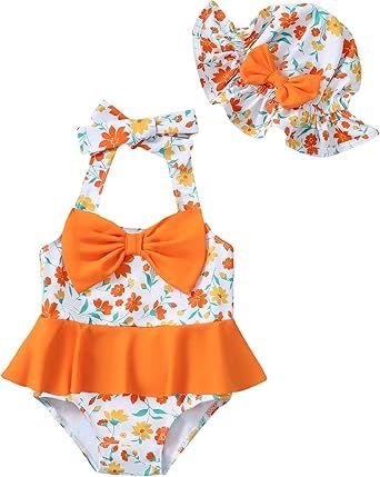 Kucnuzki Baby Girl Swimsuit Newborn One Piece Bathing Suit Bow Tie Bikini Tankini Infant Swimwear with Hat
