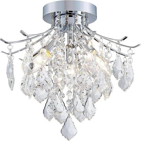 Mini Chandelier Crystal Ceiling Light,Small Flush Mount Chrome Color Light Fixture for Entryway Bedroom Barthroom Hallway Closet, 3 E12