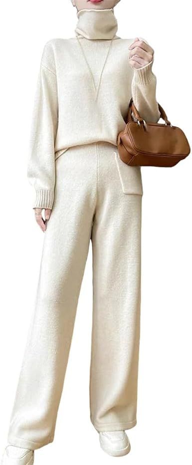 Women's 100 Percent Merino Wool 2 Piece Set Turtleneck Pullover Sweater And Straight Pants Knit Lounge Outfits