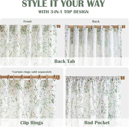 Lazzzy Green Floral Linen Farmhouse Curtains 96 Inches Long Back Tab Drapes for Living Room Bedroom Light Filtering Country Vintage Rod Pocket Curtains,2 Panels, Green on White