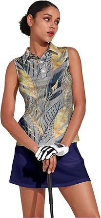 ACEGOLFS Women's Golf Shirts Sleeveless Collared Shirt for Women Quick Dry Button Up Tennis T-Shirt Printed Workout Tank Tops
