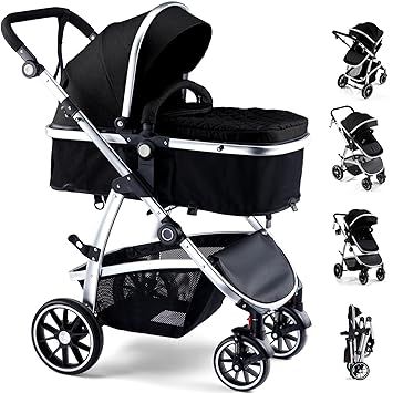Baby Stroller, 2-in-1 Reversible Toddler Seat with Bassinet Mode, Foldable Infant Stroller with Canopy, One Button Brake, Adjustable Handle, Newborn Pushchair(Black)