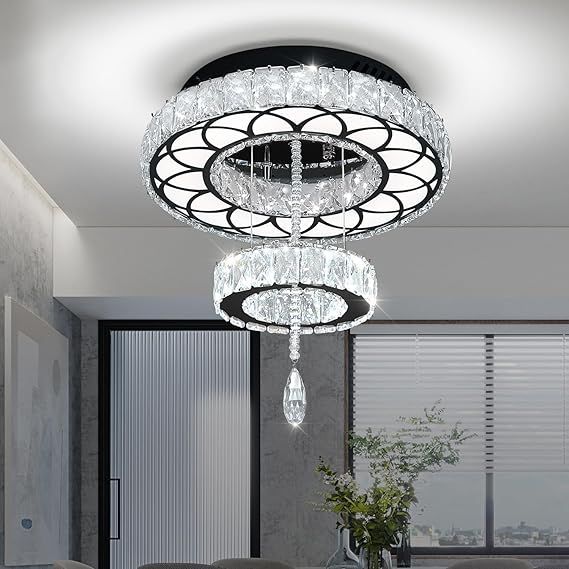 Flashing God Dia 12" Crystal Mini Chandelier Crystal Black Ceiling Light Fixtures LED Flush Mount Ceiling Light for Living Room Bedrooms Dining Room Dimmable 2700k 4500k 6000k