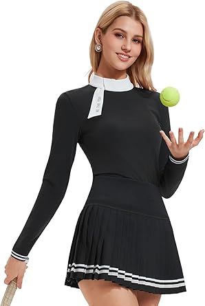 Women's 2 Piece Tennis Skirt Set Golf Outfits, Zip Back Top & Pleated Skort with Pockets, Pickleball Athletic Clothing