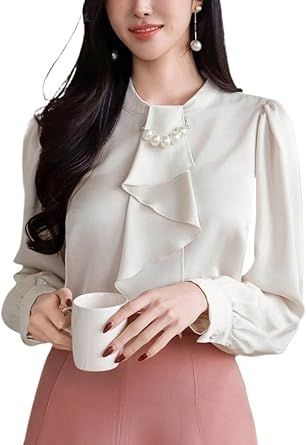 Elegant Solid Color Stand Collar Puff Sleeve Tie Waist Blouse Womens Casual Business Fashion Tops