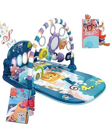 dearlomum Baby Play Mat Gym,Funny Play Piano Tummy Time Activity Mat with 5 Infant Sensory Toys & 2 Baby Book Toys, Boy & Girl Gifts for Newborn 0 to 3 6 9 12 Months(Blue)