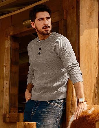 PJ PAUL JONES Mens Sweaters Casual Waffle Pullover Sweater Button Crewneck Textured Knit Henley Sweaters