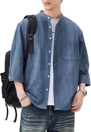 Men's 3/4 Sleeve Cotton Linen Shirt Casual Button Down Loose Fit Summer Workwear Beach Tops