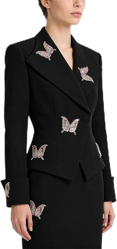 Women's Spring Autumn Bead Embroidered Butterfly Top Skirt Two Piece Set