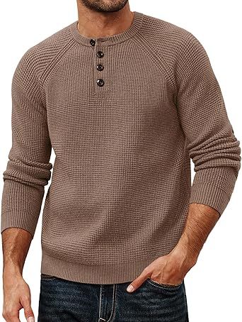 PJ PAUL JONES Mens Sweaters Casual Waffle Pullover Sweater Button Crewneck Textured Knit Henley Sweaters