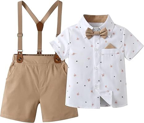 Boarnseorl Baby Boys Gentleman Outfits Shorts Sets,Infant Shirt + Shorts + Bow Tie + Suspenders