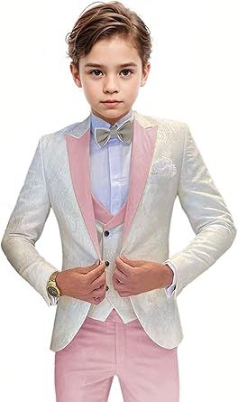 Boys Tuxedo Suit Jacquard Slim Fit 3 Piece Kids Tuxedo Suits for Boys Formal Wedding Suit Blazer Vest Pants