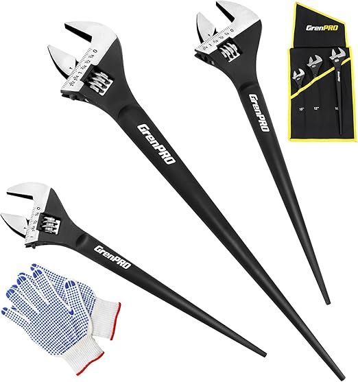 4-Piece Adjustable Spud Wrench Set with Gloves, 10" 12" 16" Large Crescent Plumbers Wrenches sets for Crowbar Pipe Fitting Pipefitter Construction Tools, SAE/Metric Scales, CR-V, Black Oxide