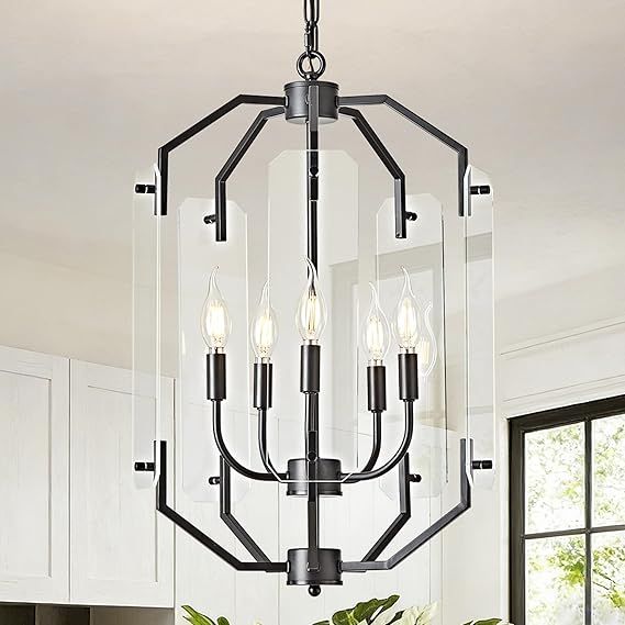 OKELI 15.7” Farmhouse Chandelier for Dining Room, 5-Light Modern Black Chandeliers with Adjustable Chain, Hanging Glass Pendant Lighting Fixtures for Entryway, Foyer, Kitchen Island, Living Room, E12