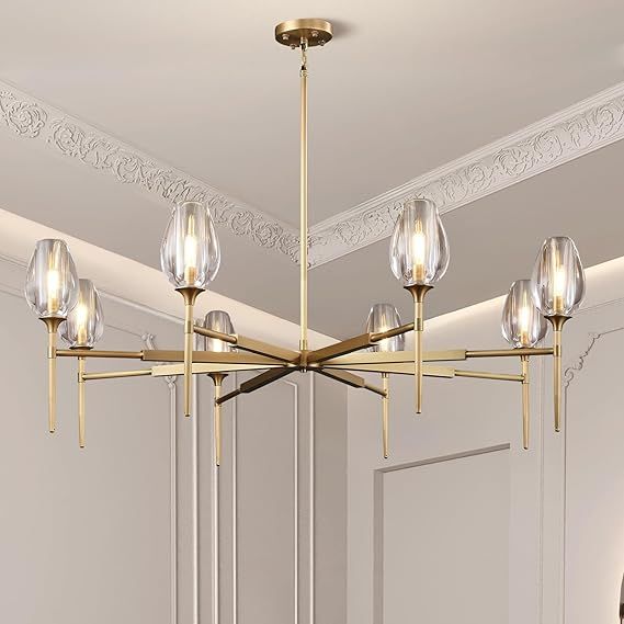 Modern Crystal Chandeliers 8 Lights Brass, 54in Gold Tulip Round K9 Crystal Chandelier,Pendant Ceiling Light for Dining Living Room Bedroom Entryway, E12 Bulbs Included