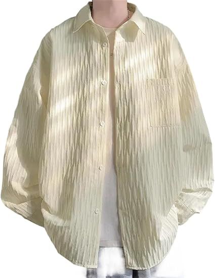 Dvbfufv Men Long-Sleeved Shirts Korean Comfortable Blouses Casual Loose Single Breasted Textured Shirt