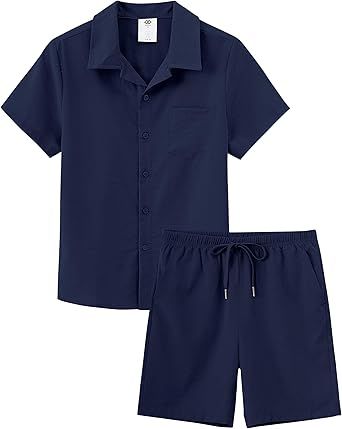 MoFiz Boy's Short 2 Pieces Set Casual Beach Outfits Button Down Shirts Shorts Vacation Texture Sets Kids 6-16 Years