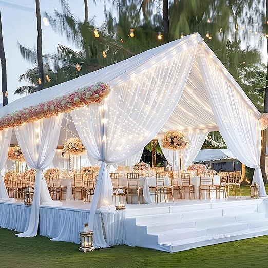 6 Panels White Ceiling Curtains with Lights for Weddings - 5ftx30ft Wrinkle-Free Tulle Fabric Wedding Arch Draping Ceiling Drapes Decorations for Wedding Party Ceremony Stage Tent Event