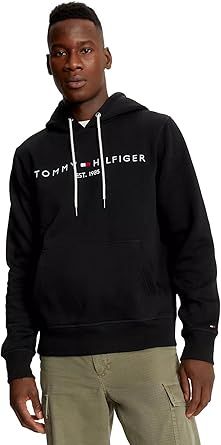 TOMMY HILFIGER Men's Iconic Fleece Embroidered Tommy Logo Pullover Hoodie Sweatshirt Collection 2024, Medium, Black