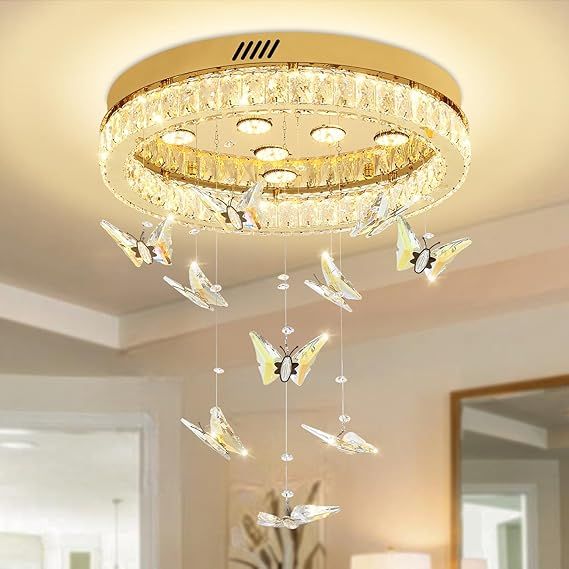 Butterfly Chandelier Gold 20in Modern Crystal Raindrop Chandelier Lighting Flush Mount Ceiling Chandeliers for Living Room 7XGU10